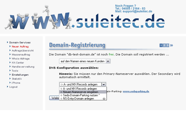 Einen neuen Auftrag im Domain-Bestellsystem aufgeben.