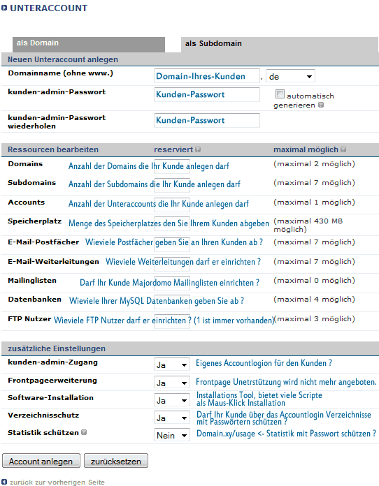 Unteraccount im Accountlogin einrichten